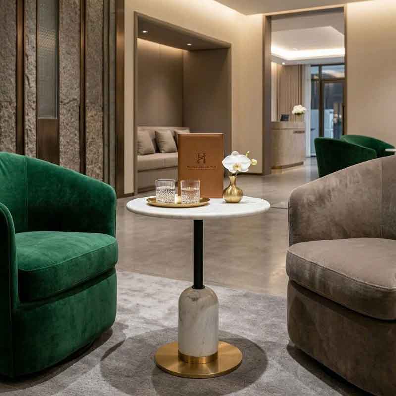 Bàn tab Sofa đá Cẩm Thạch tự nhiên chân đá khối đế Inox Mạ Vàng BC607