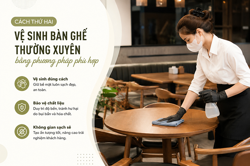 5 cách tăng tuổi thọ bàn ghế nhà hàng Cách thứ hai: Vệ sinh bàn ghế thường xuyên bằng phương pháp phù hợp