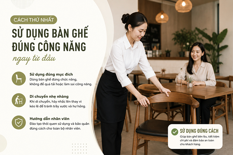 5 cách tăng tuổi thọ bàn ghế nhà hàng Cách thứ nhất: Sử dụng bàn ghế đúng công năng ngay từ đầu
