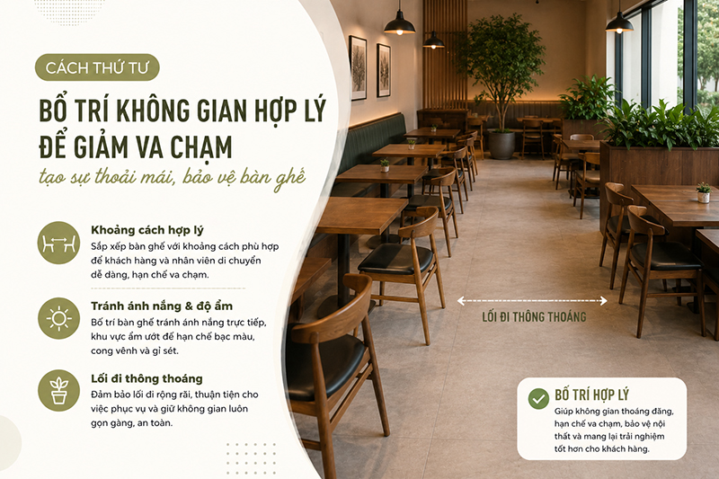 5 cách tăng tuổi thọ bàn ghế nhà hàng Cách thứ tư: Bố trí không gian hợp lý để giảm va chạm