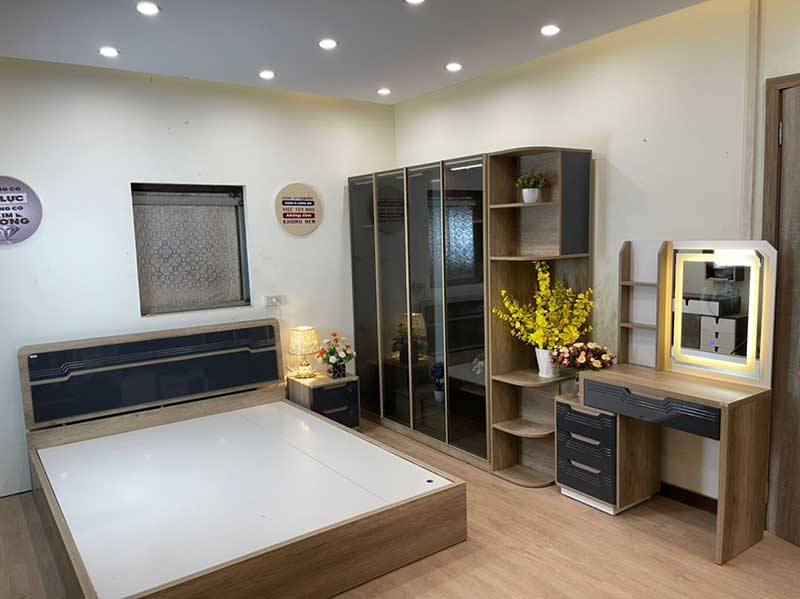 Mẫu combo nội thất phòng ngủ với tủ quần áo thiết kế dạng cánh kính