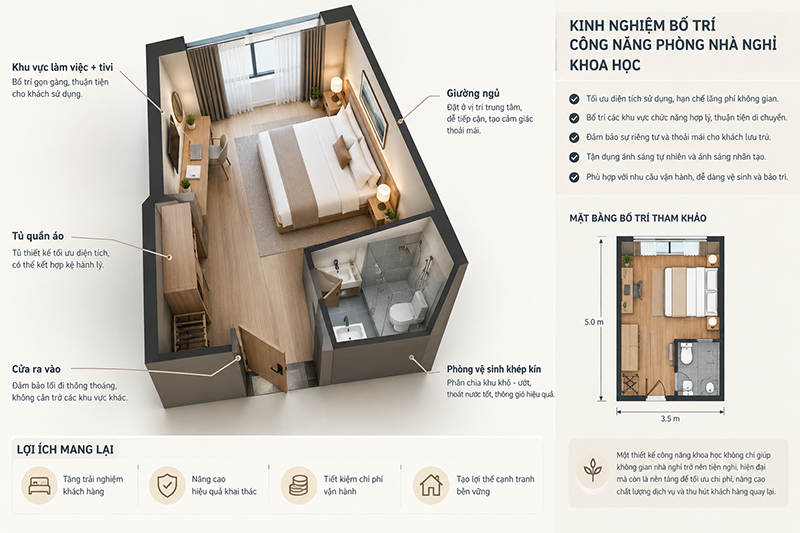 Kinh nghiệm thiết kế nội thất nhà nghỉ đẹp, tối ưu công năng Kinh nghiệm bố trí công năng phòng nhà nghỉ khoa học