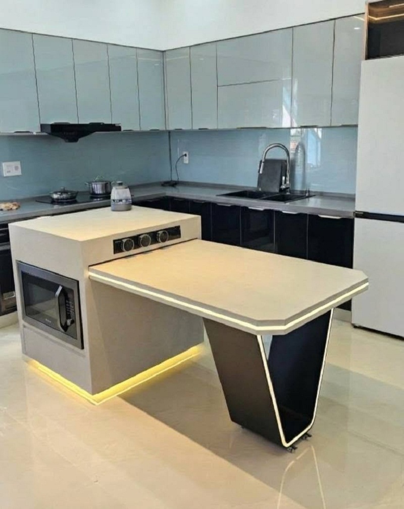 Bàn Đảo Bếp Thông Minh Mặt Đá Tích Hợp Lò Vi Sóng Và Bếp Từ