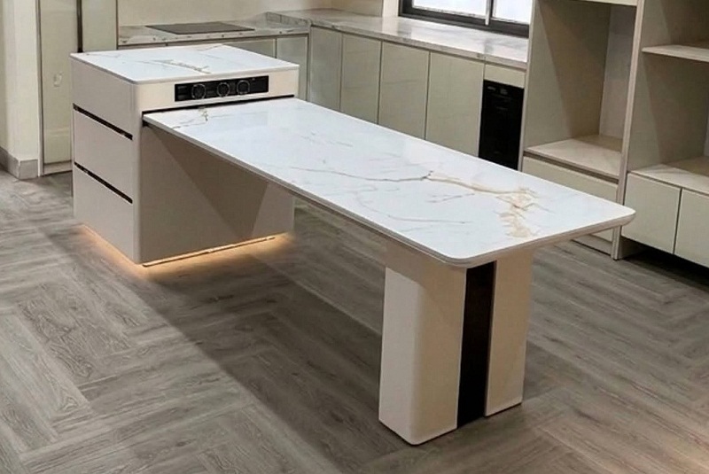 Bàn Đảo Bếp Kết Hợp Bàn Ăn Chữ T Mặt Đá Trắng Vân Vàng
